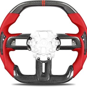 Steering Wheel for Mustang 2015-2017 Real 3K Carbon Fiber with Trim Cover Double D-shaped Red Nappa Perforated Leather Grip Hand-stitched for Mustang V6/EcoBoost/GT for Shelby GT350/GT350R