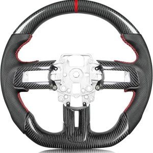 Carbon-Fiber Steering Wheel for Ford Mustang 2015–2017, Matching Decorative Trim Piece, Flat-Bottom, Black Nappa Leather with Red Stripe & Red Hand-Stitching, for EcoBoost/GT/V6/GT350/GT350R